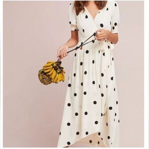 Maeve Cream Wrap Midi Dress with Black Polka Dots